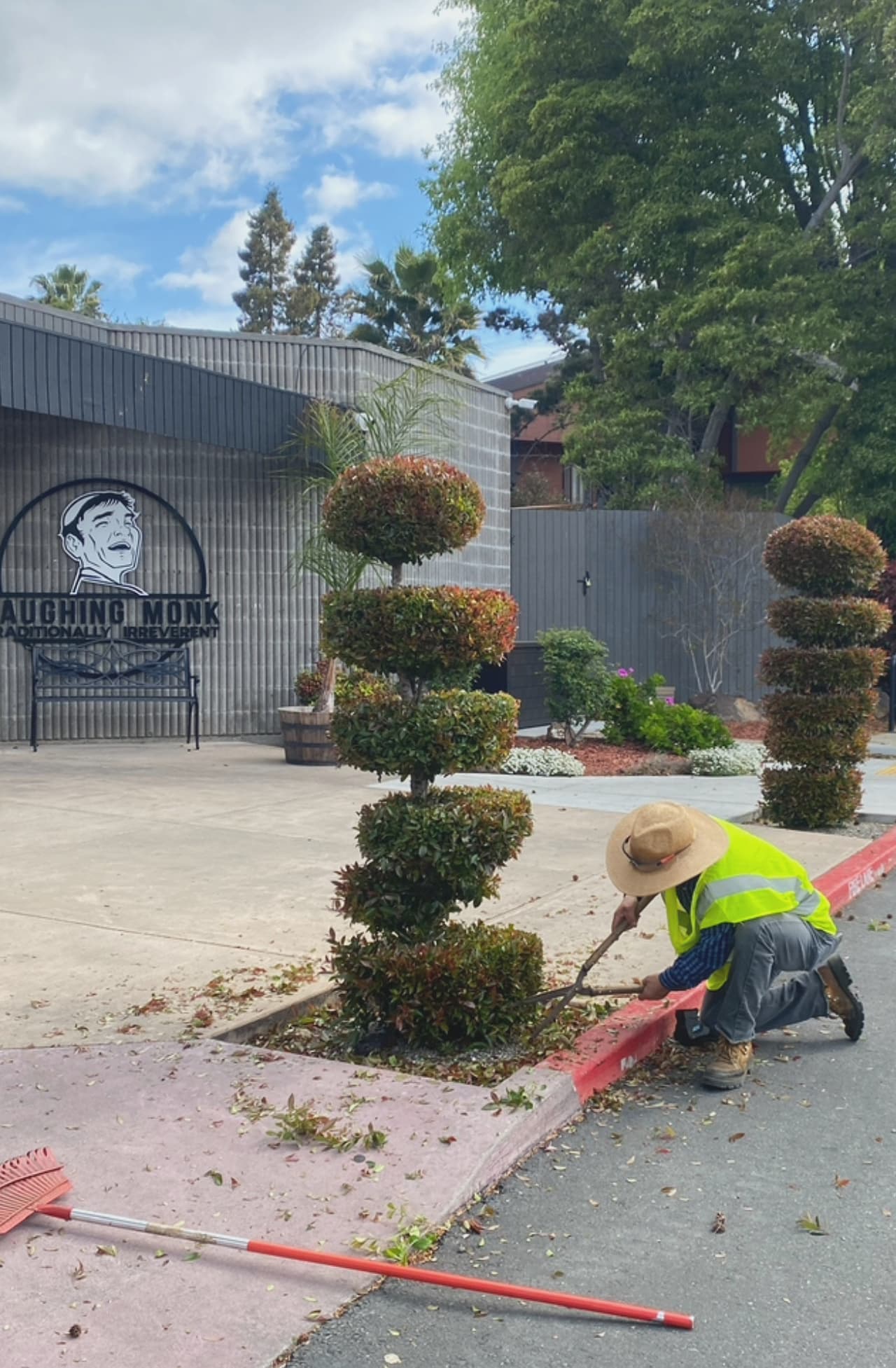A crew member edging and clearing a planted sidewalk strip by hand, broom to hand and clippings gathered.