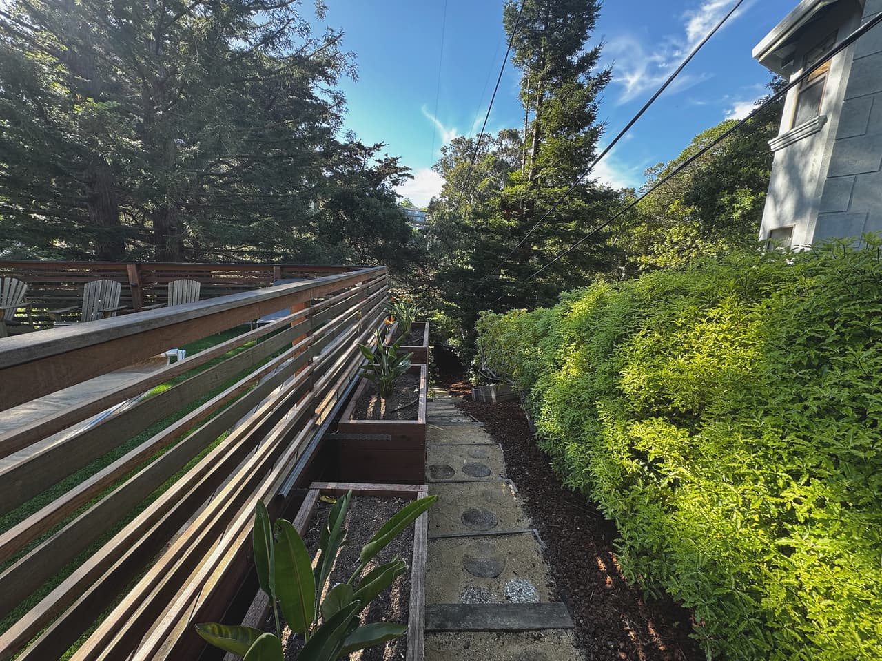 A paver and pebble path receding between a horizontal redwood screen and deep planting.